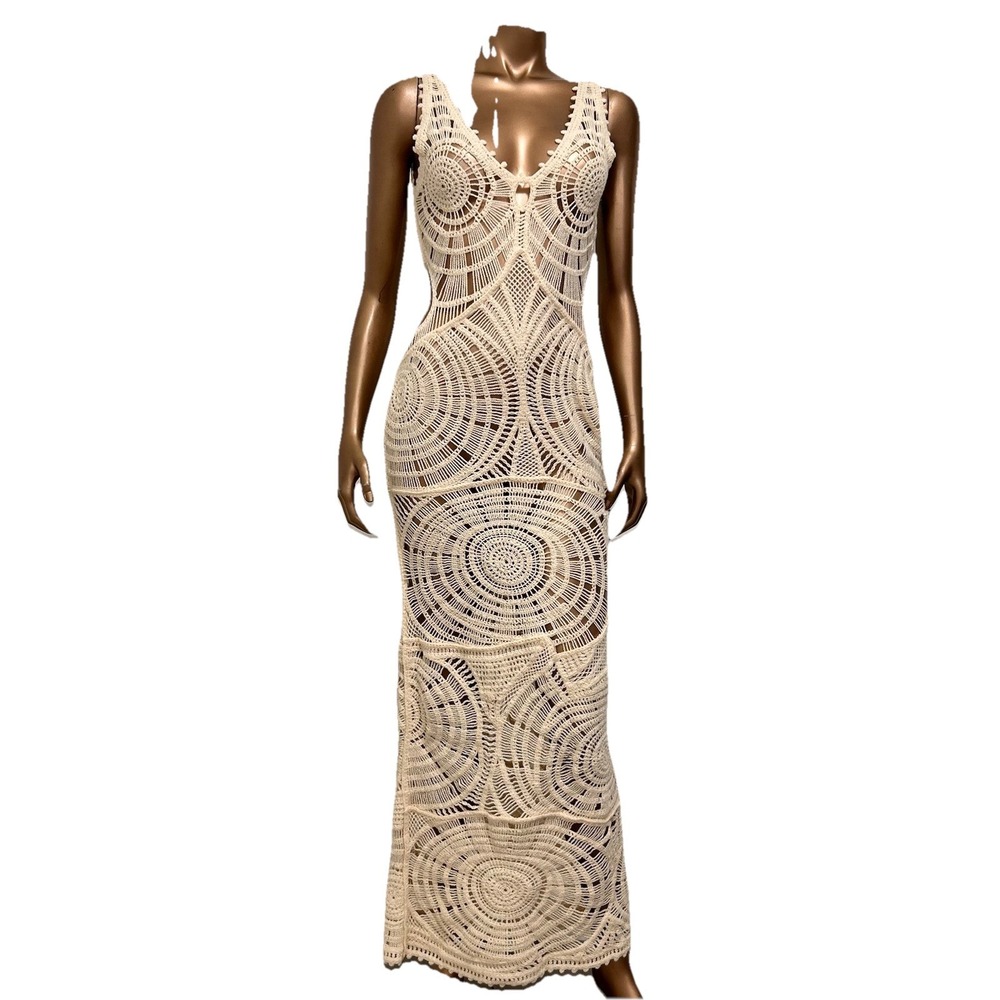 Zara Cream Crochet Circle-Detail Maxi Dress